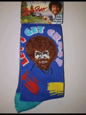 Bob Ross Blue Crew Socks with Portrait and Colorful Accents